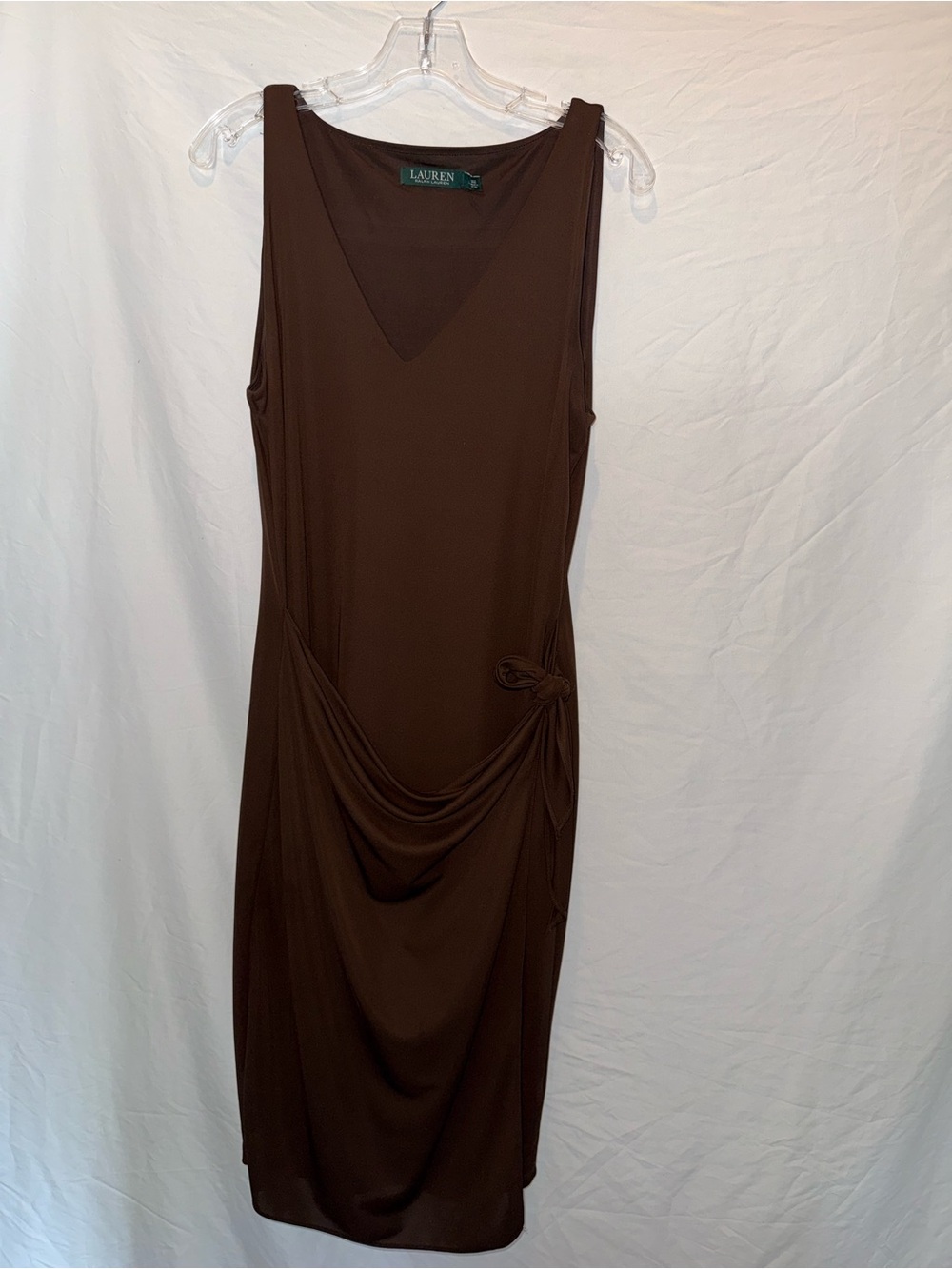Ralph Lauren Brown Sleeveless Draped Knot V-Neck Dress